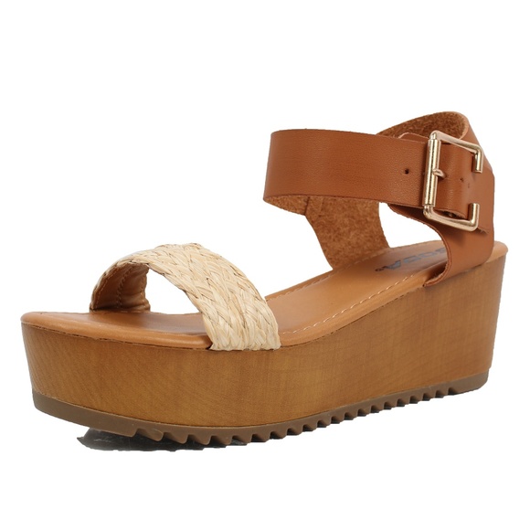 Tan Open Toe Raffia Straw Ankle Strap Flatform Wed - Picture 2 of 6